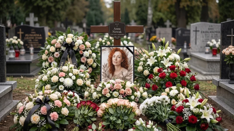 Zdjęcie zmarłej ustawione na grobie wśród kwiatów i wieńców pogrzebowych