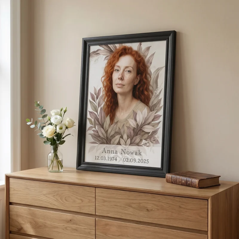 Portret memorialny zmarłej w czarnej ramie z motywem liści