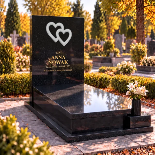 białe szklane serca zespolone wklejone w kamienną płytę pomnika, widok z lewej
