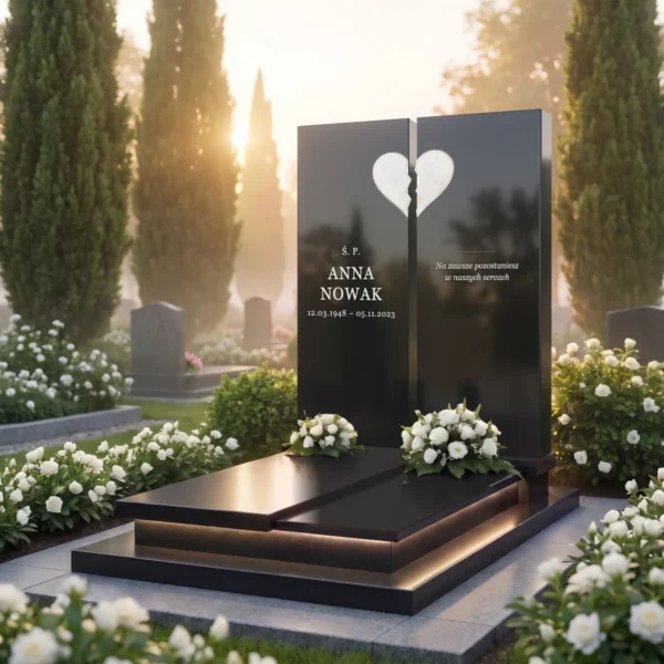 białe szklane serce łamane na pomniku z dwóch płyt z czarnego granitu, widok pod kątem