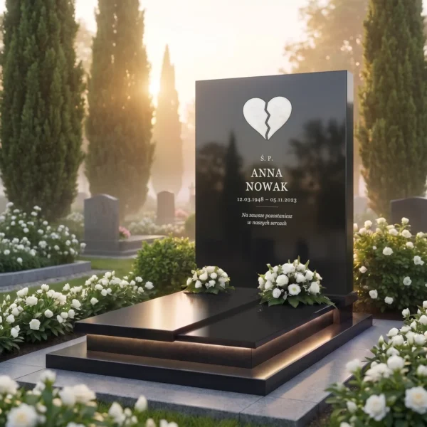 białe szklane serce łamane osadzone w płycie pomnika z czarnego granitu, widok pod kątem