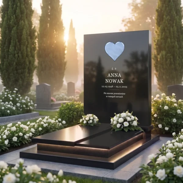 błękitne przezroczyste szklane serce osadzone w płycie pomnika z czarnego granitu, widok pod kątem