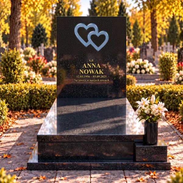 błękitne szklane serca zespolone wklejone w kamienną płytę pomnika, widok na wprost