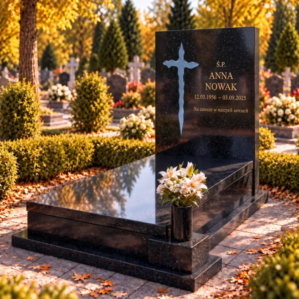 błękitny szklany krzyż nieregularny wklejony w płytę nagrobka z czarnego granitu obok złotego napisu, widok z prawej