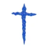 blue irregular glass cross for a headstone in slightly translucent kiln-fused glass, with many bubbles and wavy edges