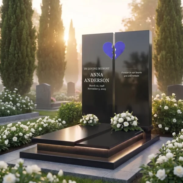 blue split glass heart for a headstone on a two-tablet headstone, angled view