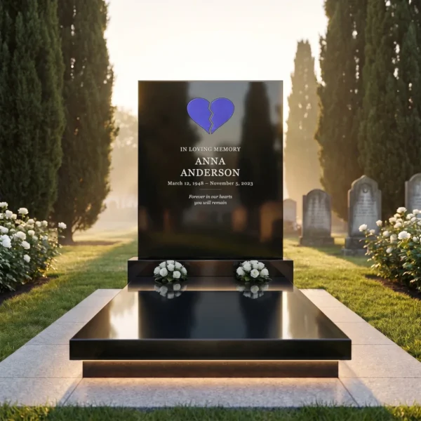 blue split glass heart for a headstone set in a black granite headstone