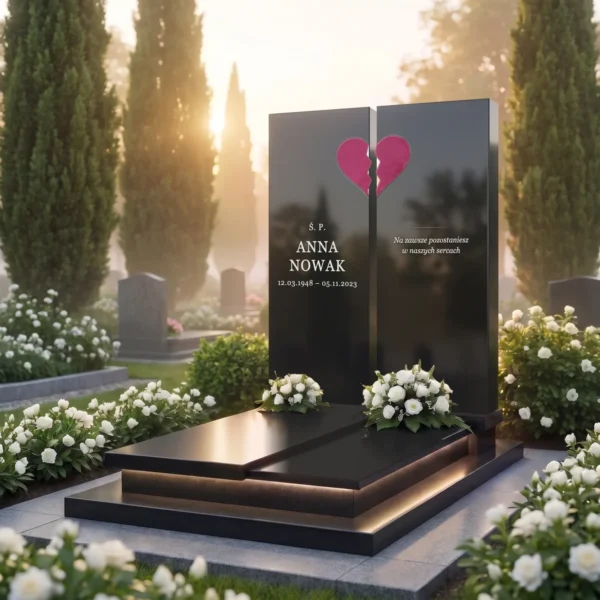 bordowe szklane serce łamane na pomniku z dwóch płyt z czarnego granitu, widok pod kątem