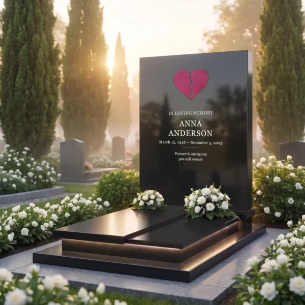 burgundy split glass heart for a headstone set in a black granite headstone, angled view