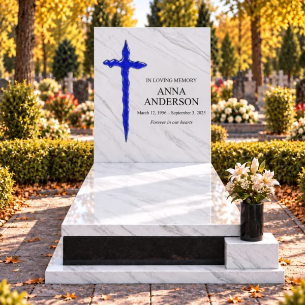 cobalt blue irregular glass cross bonded into the tablet of a white stone headstone beside the inscription, front view