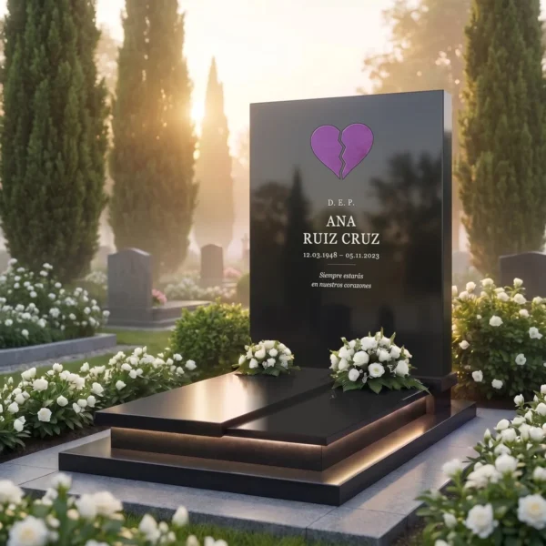 corazón de vidrio partido violeta para lápida encastrado en una lápida de granito negro, vista en ángulo