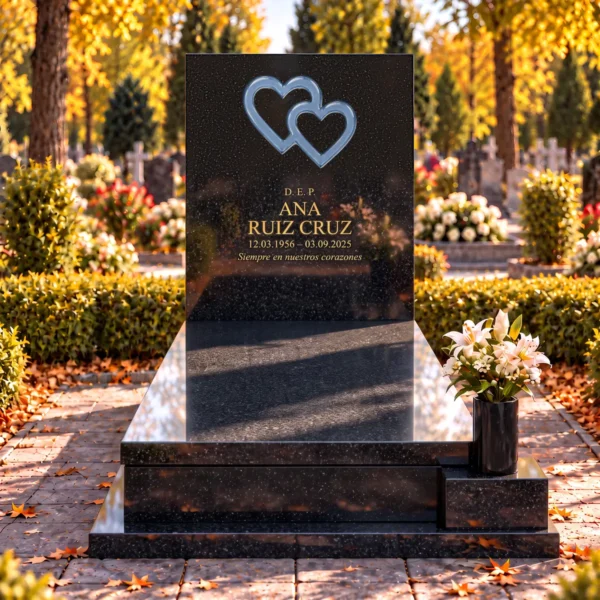 corazones de vidrio entrelazados azul claro pegados en un cajeado de la losa de piedra de una lápida, vista frontal