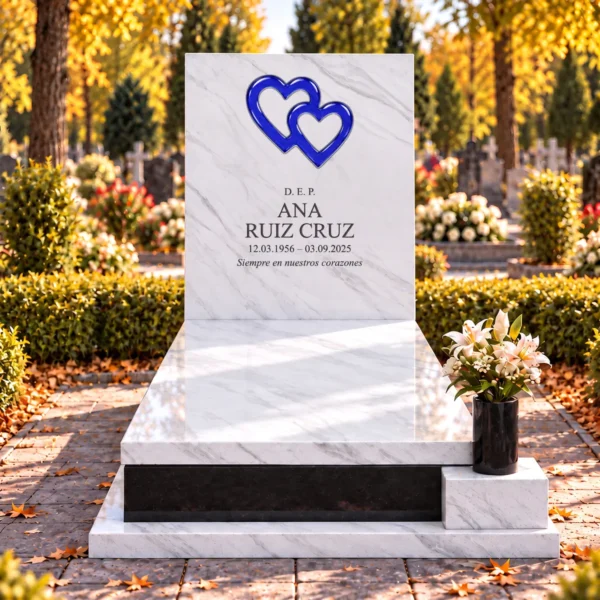 corazones de vidrio entrelazados azul cobalto pegados en un cajeado de la losa de piedra de una lápida, vista frontal