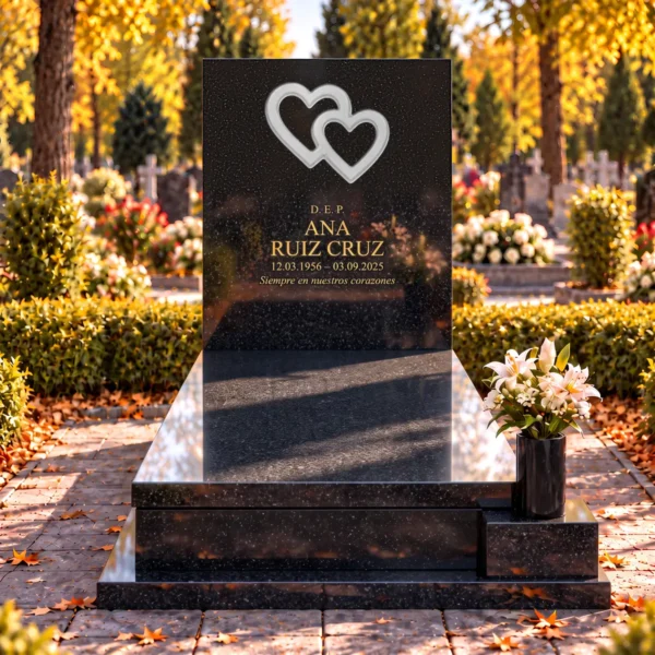 corazones de vidrio entrelazados blancos pegados en un cajeado de la losa de piedra de una lápida, vista frontal