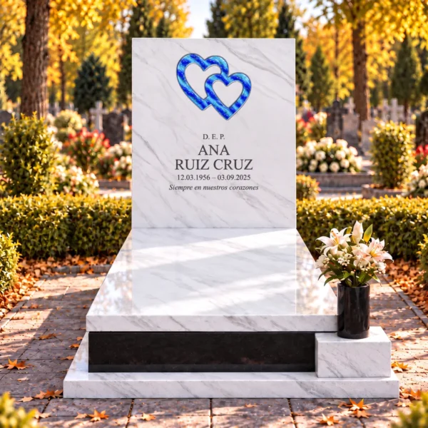 corazones de vidrio entrelazados con rayas azules pegados en un cajeado de la losa de piedra de una lápida, vista frontal