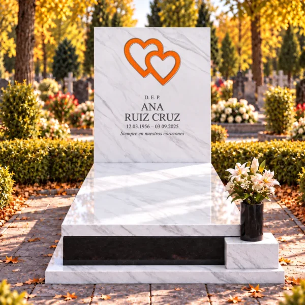 corazones de vidrio entrelazados naranja craquelados pegados en un cajeado de la losa de piedra de una lápida, vista frontal