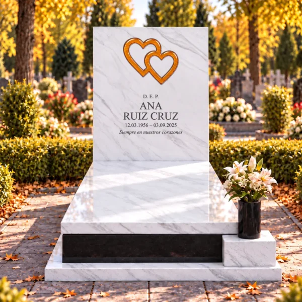corazones de vidrio entrelazados naranja pegados en un cajeado de la losa de piedra de una lápida, vista frontal