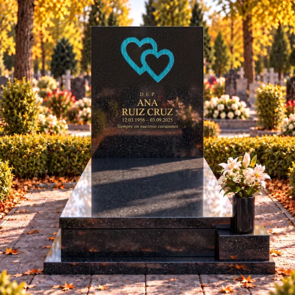 corazones de vidrio entrelazados turquesa veteados pegados en un cajeado de la losa de piedra de una lápida, vista frontal