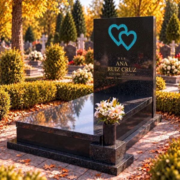 corazones de vidrio entrelazados turquesa veteados pegados en un cajeado de la losa de piedra de una lápida, vista desde la derecha