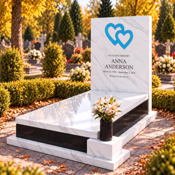 crackled light blue interlocking glass hearts set into the stone tablet of a headstone, view from the right