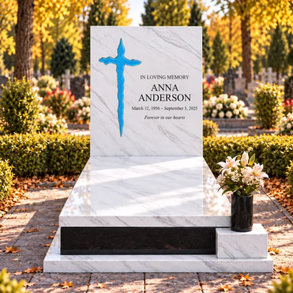crackled light blue irregular glass cross bonded into the tablet of a white stone headstone beside the inscription, front view