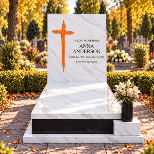crackled orange irregular glass cross bonded into the tablet of a white stone headstone beside the inscription, front view