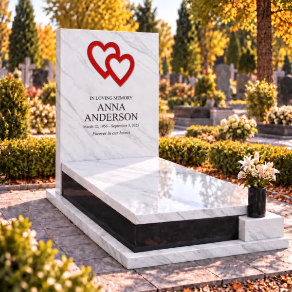 crackled red interlocking glass hearts set into the stone tablet of a headstone, view from the left
