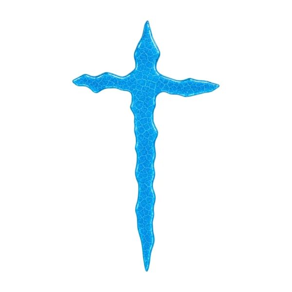 cruz irregular de vidrio azul claro craquelado para lápida, fusionada en horno y opaca, con una red de craquelado claro y bordes ondulados