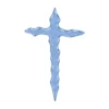 cruz irregular de vidrio azul claro para lápida, fusionada en horno y ligeramente translúcida, con superficie lisa y bordes ondulados