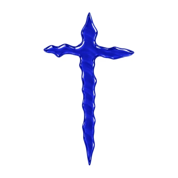 cruz irregular de vidrio azul cobalto para lápida, fusionada en horno y ligeramente translúcida, con color intenso y bordes ondulados