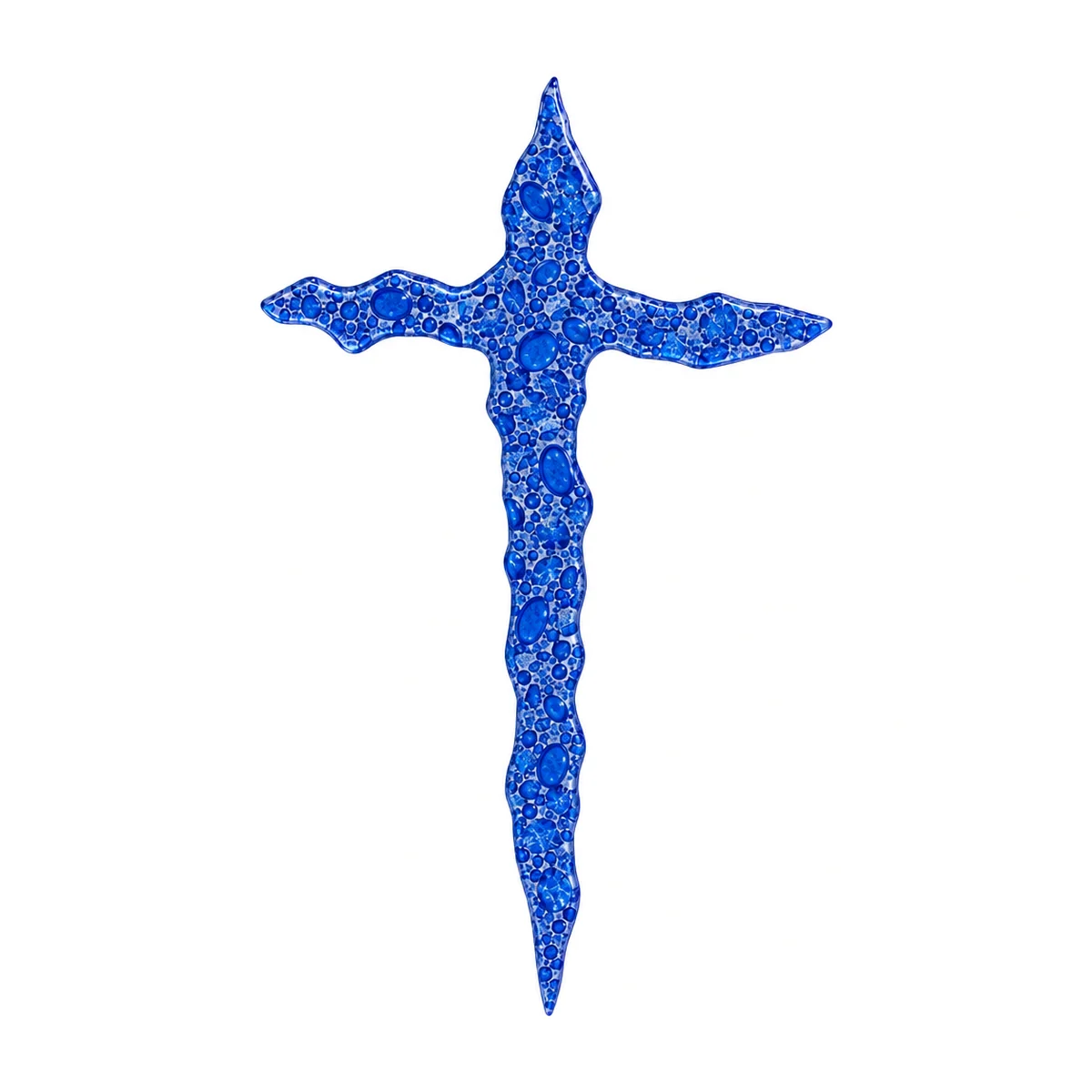 cruz irregular de vidrio azul para lápida, fusionada en horno y ligeramente translúcida, con numerosas burbujas y bordes ondulados
