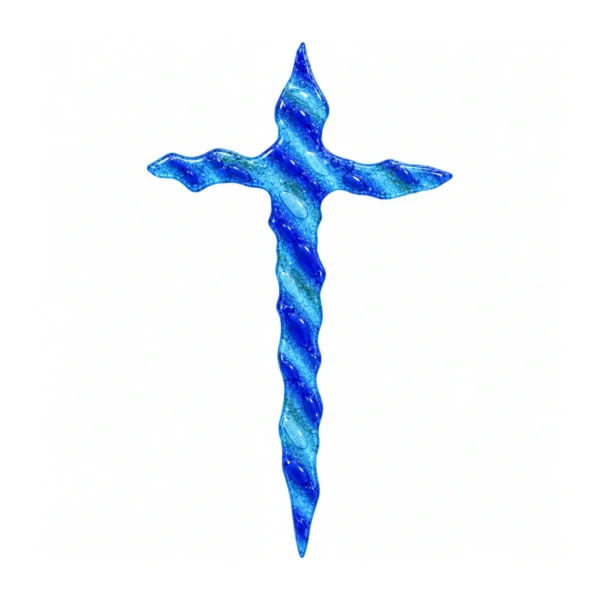 cruz irregular de vidrio con rayas azules para lápida, fusionada en horno y ligeramente translúcida, con rayas en diagonal sobre fondo azul claro y bordes ondulados