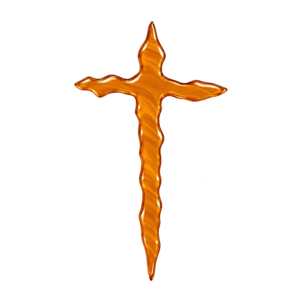 cruz irregular de vidrio naranja para lápida, fusionada en horno y ligeramente translúcida, con tono ámbar y bordes ondulados