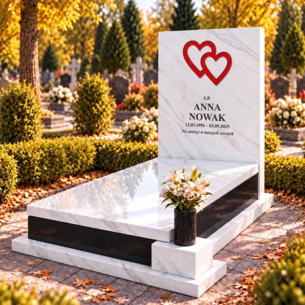 czerwone spękane szklane serca zespolone wklejone w kamienną płytę pomnika, widok z prawej