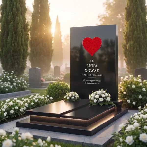 czerwone szklane serce na czarnym granitowym pomniku, widok pod kątem