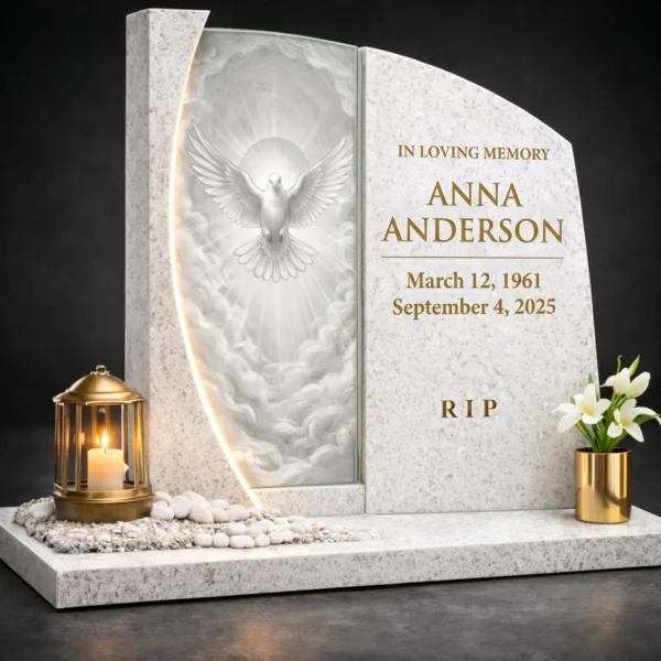 Glass panel with a white dove in clouds set into a light grey granite headstone with a lit curved edge, lantern and lilies