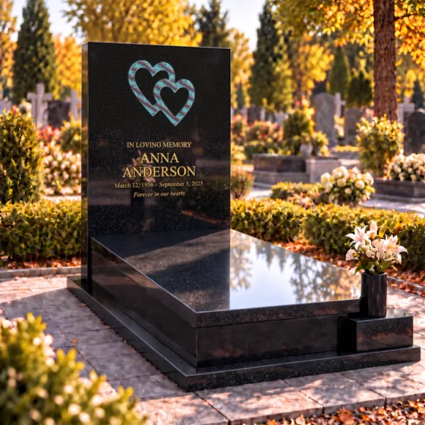 interlocking glass hearts with burgundy stripes set into the stone tablet of a headstone, view from the left