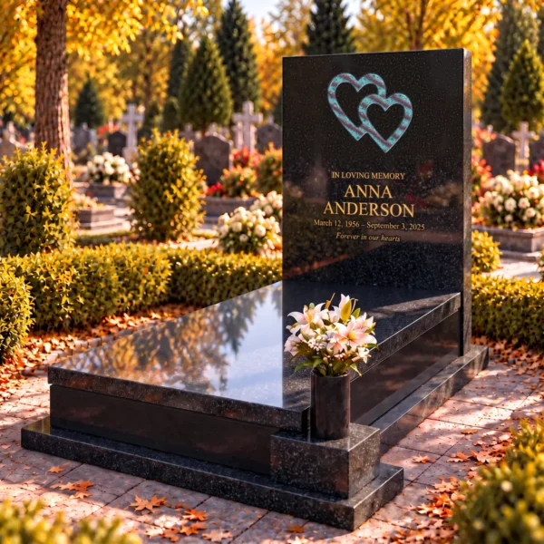 interlocking glass hearts with burgundy stripes set into the stone tablet of a headstone, view from the right