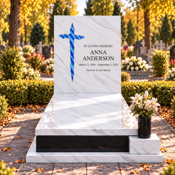 irregular glass cross with blue stripes, bonded into the tablet of a white stone headstone beside the inscription, front view