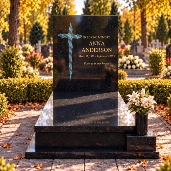 irregular glass cross with burgundy stripes, bonded into the tablet of a black granite headstone beside the gold inscription, front view