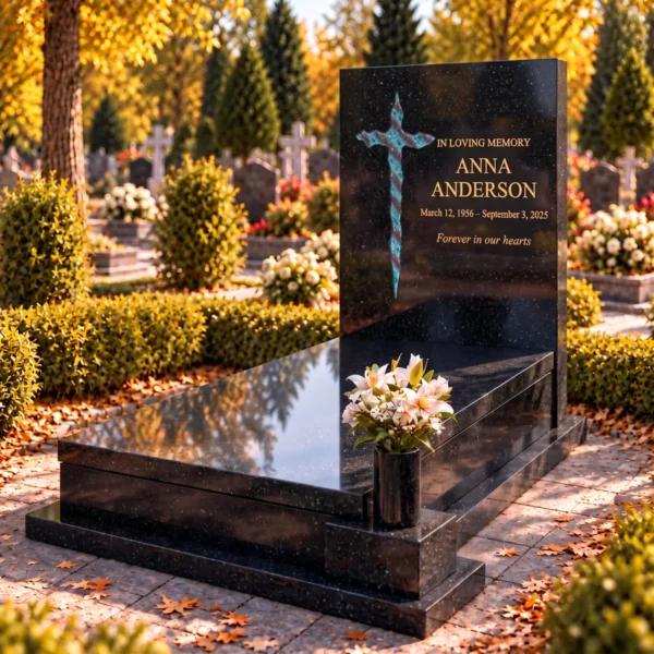 irregular glass cross with burgundy stripes, bonded into the tablet of a black granite headstone beside the gold inscription, view from the right
