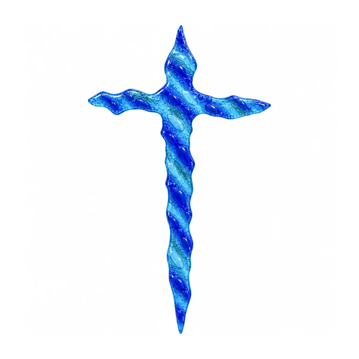 irregular glass cross with blue stripes for a headstone in slightly translucent kiln-fused glass, with diagonal stripes on a light blue background and wavy edges