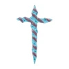 irregular glass cross with burgundy stripes for a headstone in slightly translucent kiln-fused glass, with diagonal stripes on a light turquoise background and wavy edges
