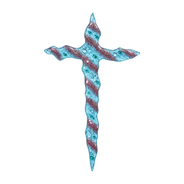 irregular glass cross with burgundy stripes for a headstone in slightly translucent kiln-fused glass, with diagonal stripes on a light turquoise background and wavy edges