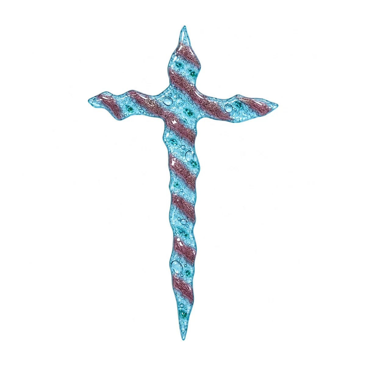 irregular glass cross with burgundy stripes for a headstone in slightly translucent kiln-fused glass, with diagonal stripes on a light turquoise background and wavy edges