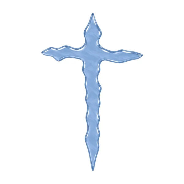 light blue irregular glass cross for a headstone in slightly translucent kiln-fused glass, with a smooth, glossy surface and wavy edges