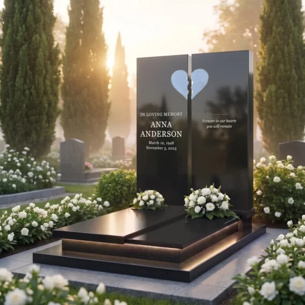 light blue split glass heart for a headstone on a two-tablet headstone, angled view