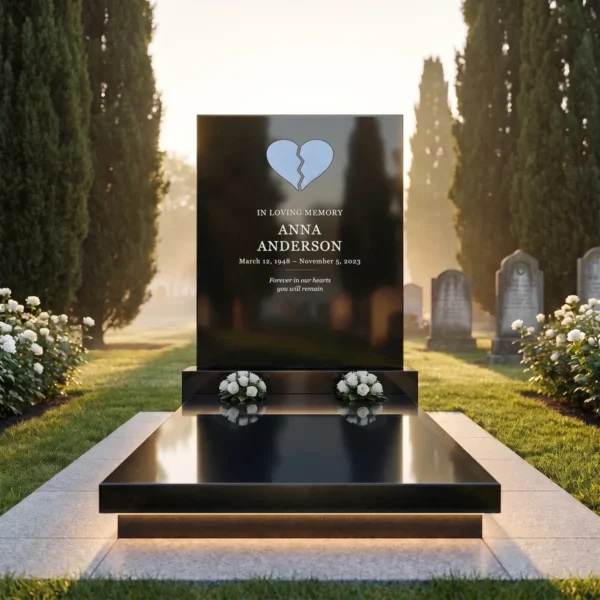 light blue split glass heart for a headstone set in a black granite headstone