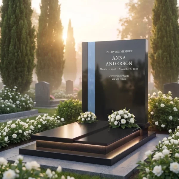 light blue transparent glass strip for a headstone on a black granite headstone, angled view