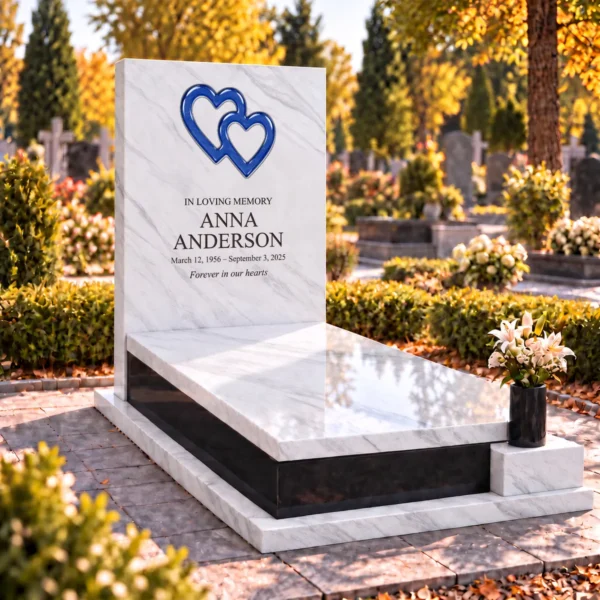 navy blue interlocking glass hearts set into the stone tablet of a headstone, view from the left